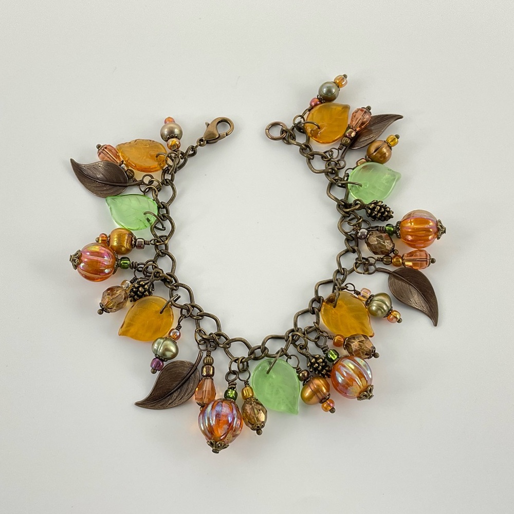 Autumn Charm Bracelet, Handmade, Fall, Leaves, Pumpkins, Pearls, Pine Cones